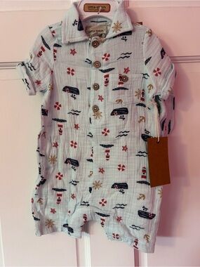 Little Stitch Nautical Muslin Baby Romper - White with Navy & Red